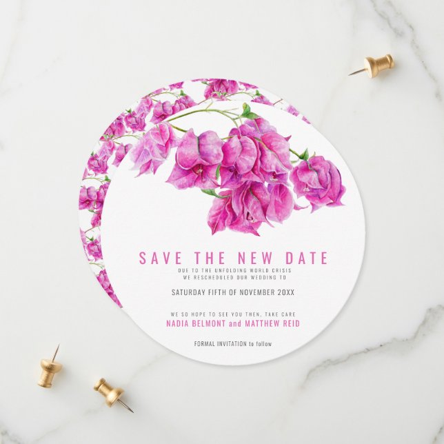Pink bougainvillea save the new date wedding round (Front/Back In Situ)