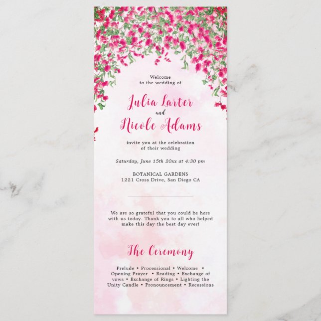 Pink Bougainvillea Tropical Forest Wedding Shower Programme (Front)