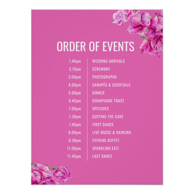 Pink bougainvillea wedding order of events poster (Front)