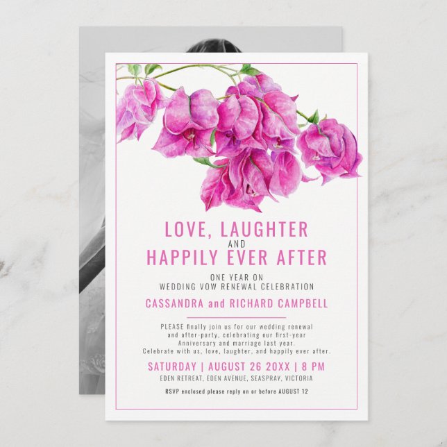 Pink bougainvillea wedding vow renewal 1 year on invitation (Front/Back)