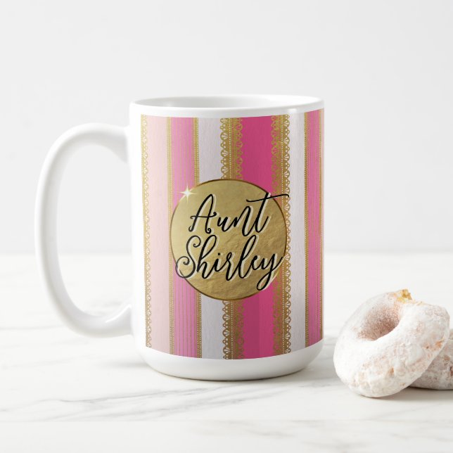Pink Bougie Stripes Personalised Coffee Mug (With Donut)