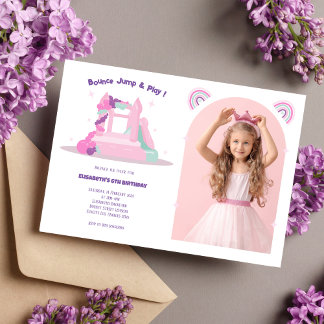 Pink Bounce House Castle Birthday Photo Invitation