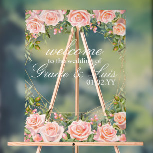 Pink Bouquet Botanical Florals Gold Wedding Acrylic Sign