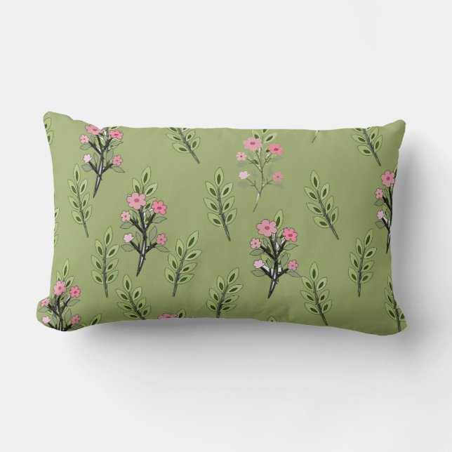 Pink Bouquets Olive Green  Lumbar Cushion (Front)
