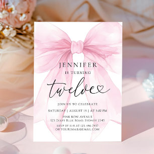 Pink Bow 12th Birthday Invitation