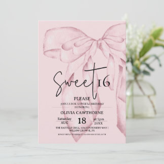 Pink Bow 16th Birthday ⎮Modern Elegant Sweet 16 Invitation