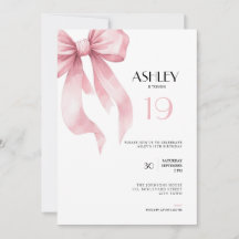 Pink Bow 19th Birthday Invitation for Girls