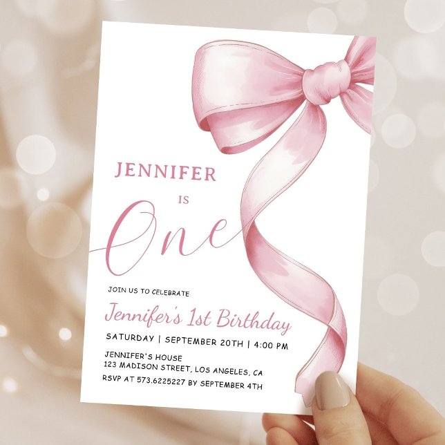 Pink Bow 1st Birthday Girl Party Invitation (Creator Uploaded)