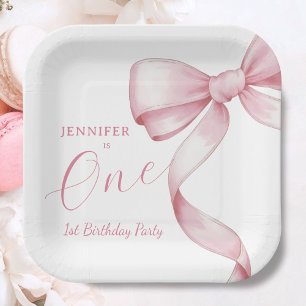 Pink Bow 1st Birthday Girl Party Paper Plate