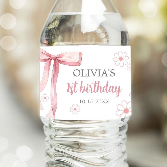 Pink Bow 1st Birthday Girl Water Bottle Label (Creator Uploaded)