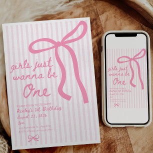 Pink Bow 1st Birthday Girls Just wanna be One  Invitation