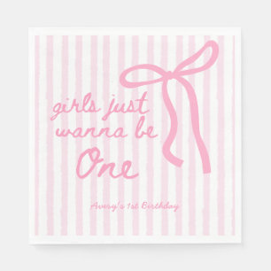 Pink Bow 1st Birthday Girls Just Wanna Be One Sign Napkin
