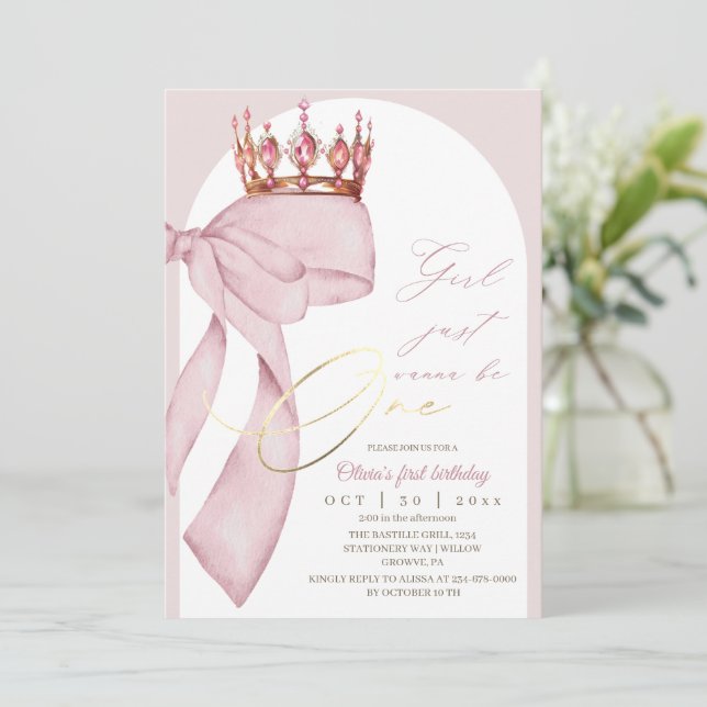 Pink Bow 1st Birthday  Invitation (Standing Front)