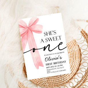 Pink Bow 1st Birthday Invitation