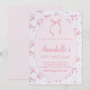 Pink Bow 1st Birthday Invitation, Floral Pink Bow Invitation