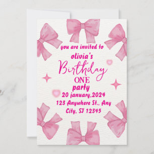 Pink Bow 1st Birthday Invitation Girl