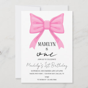 Pink Bow 1st Birthday Invitation Girl, Pink Coquet