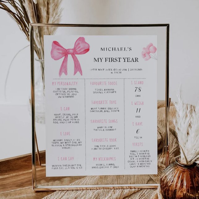 Pink Bow 1st Birthday Milestone Board Poster (Pink Bow 1st Birthday Milestone Board Poster)