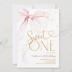 Pink Bow 1st Birthday Sweet One Coguette Invitation