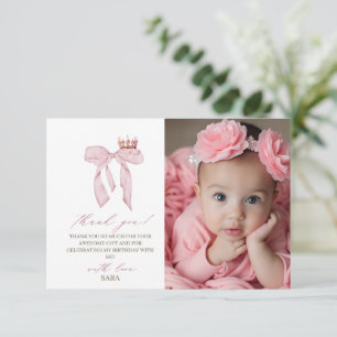 Pink Bow 1st Birthday Thank You Card
