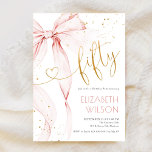 Pink Bow 50th Birthday Invitation<br><div class="desc">Pink Bow 50th birthday invitation. Modern feminine design in blush pink and gold. Features trendy watercolor coquette bow,  and heart script font "fifty". Perfect for an elegant style women's bday celebration. Personalize with your own details. Printed Zazzle invitations or instant download digital printable template.</div>