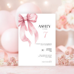 Pink Bow 7th Birthday Invitation for Girls