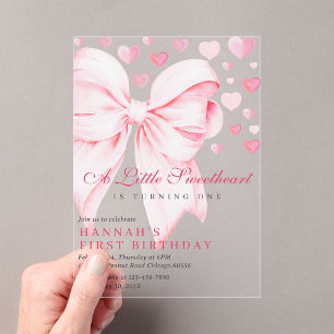 Pink Bow A Little Sweetheart First Birthday Acrylic Invitations