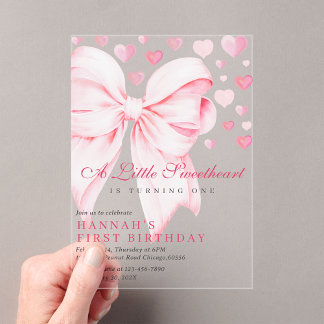 Pink Bow A Little Sweetheart First Birthday Acrylic Invitations