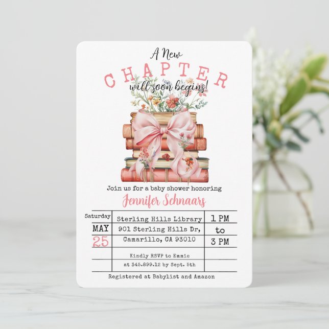 Pink Bow A New Chapter Baby Shower Invitation (Standing Front)