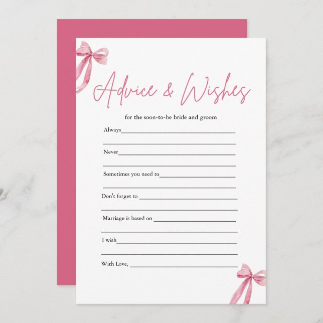 Pink Bow Advice and Wishes Bridal Shower Game Invitation (Front/Back)