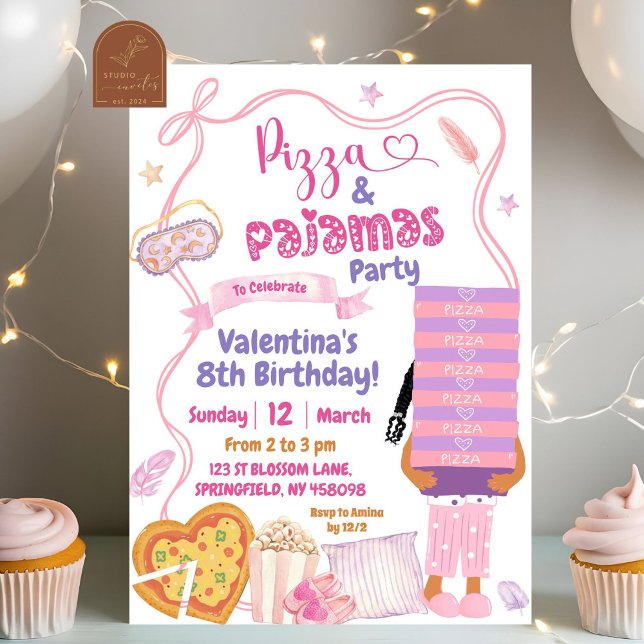 Pink Bow Afro Girl Pizza and Pyjamas Birthday Invitation (Creator Uploaded)