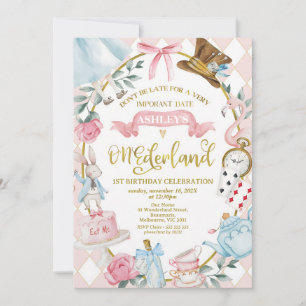 Pink Bow Alice Onederland 1st Birthday Invitation