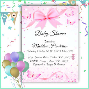 Pink Bow And Butterfies Girl Baby Shower  Invitation