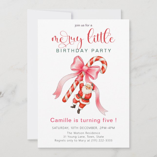  Pink bow and candy Santa Holiday Birthday Invitation (Front)