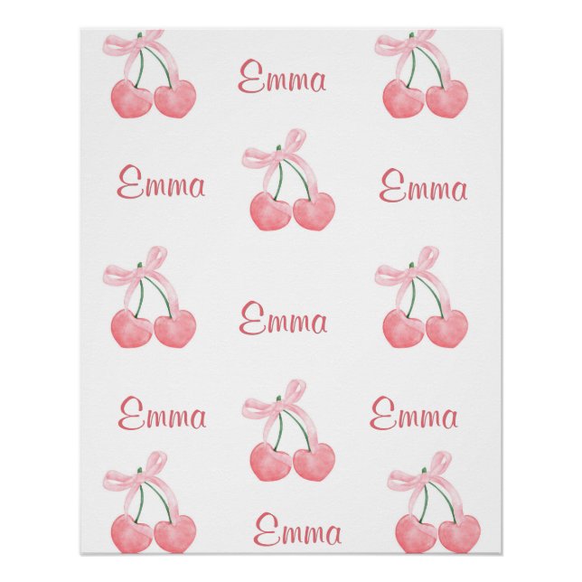 Pink Bow and Cherry Personalised Custom Girl Name Poster (Front)