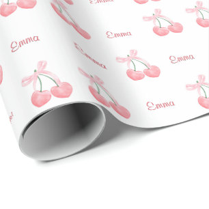 Pink Bow and Cherry Personalised Custom Girl Name Wrapping Paper