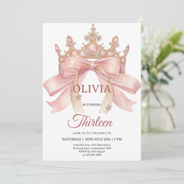 pink bow and crown birthday party  invitation (Standing Front)