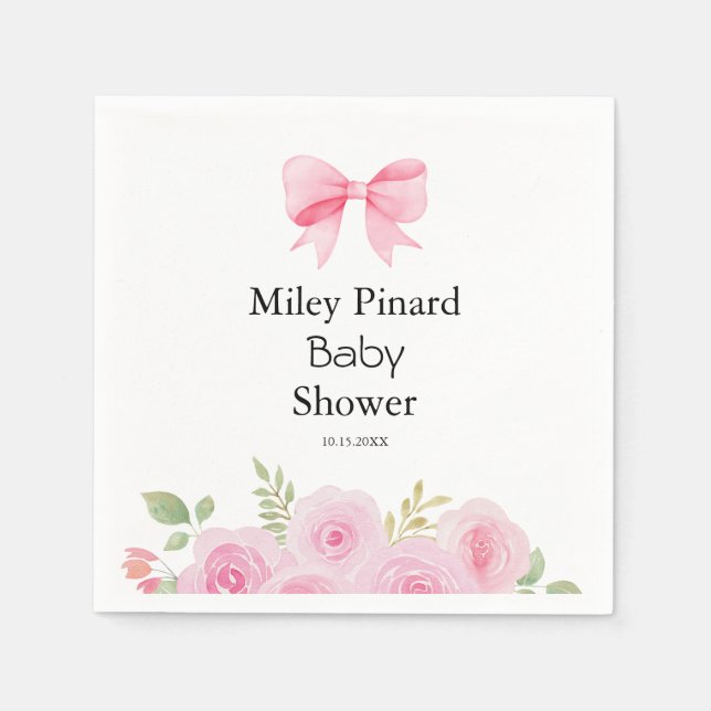 Pink Bow and Floral Baby Shower Napkin (Front)