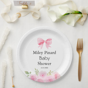 Pink Bow and Floral Baby Shower Paper Plate