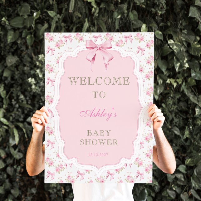 Pink Bow and Floral Girl Baby Shower Welcome Poster (Creator Uploaded)