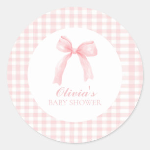 Pink bow and gingham preppy baby shower classic round sticker