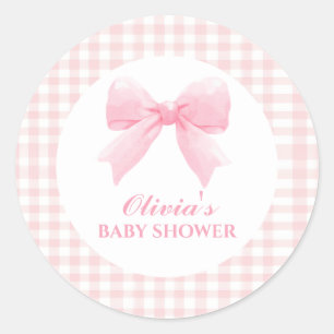 Pink bow and gingham preppy baby shower classic round sticker