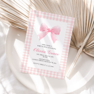 Pink bow and gingham preppy baby shower invitation