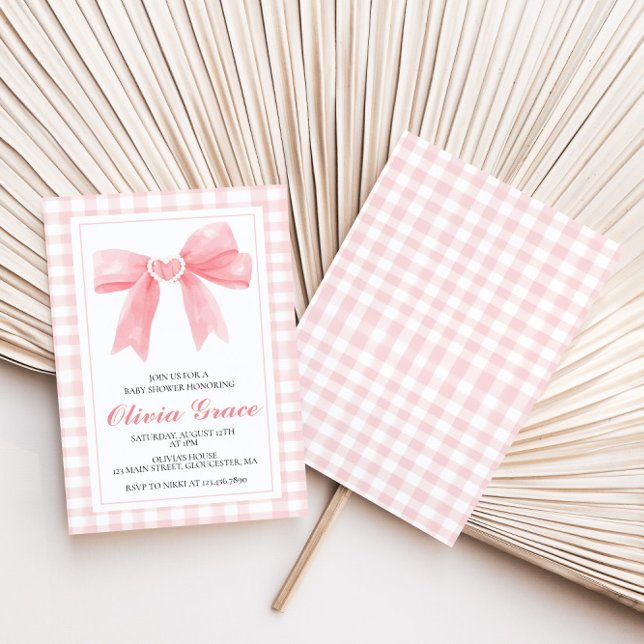Pink bow and gingham preppy baby shower invitation (Creator Uploaded)