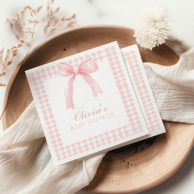 Pink bow and gingham preppy baby shower napkin (Creator Uploaded)