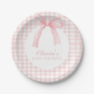 Pink bow and gingham preppy baby shower paper plate