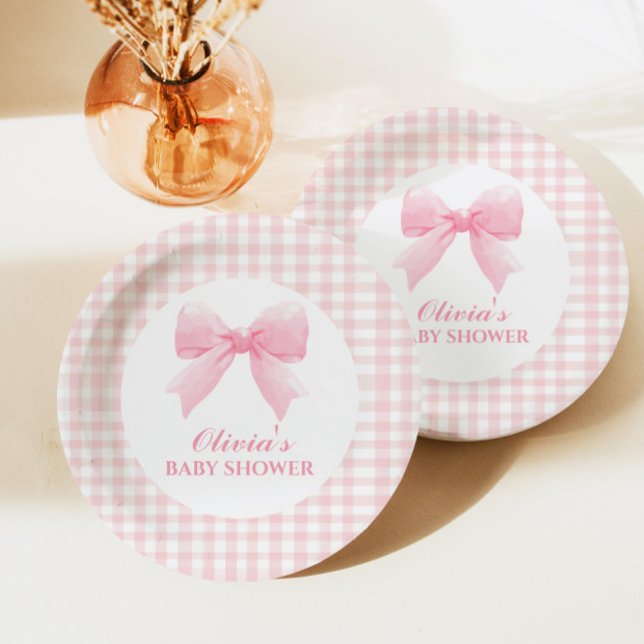 Pink bow and gingham preppy baby shower paper plate (Creator Uploaded)