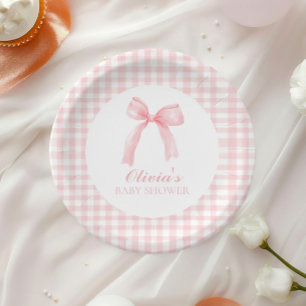 Pink bow and gingham preppy baby shower paper plate