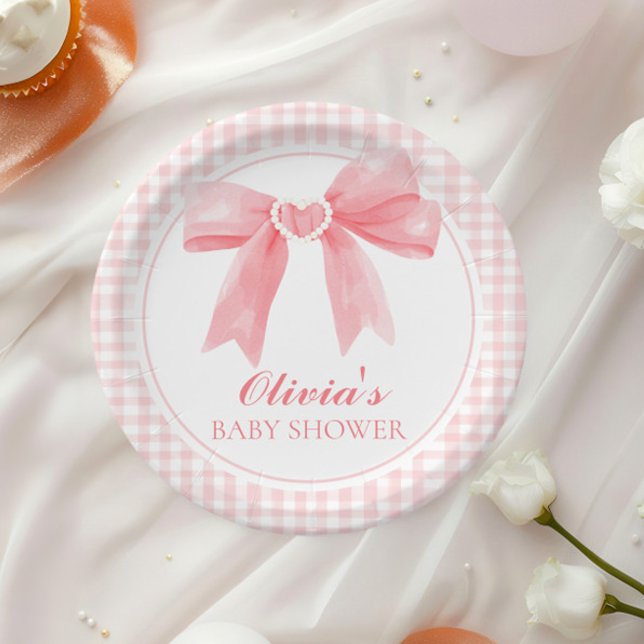 Pink bow and gingham preppy baby shower paper plate (Creator Uploaded)
