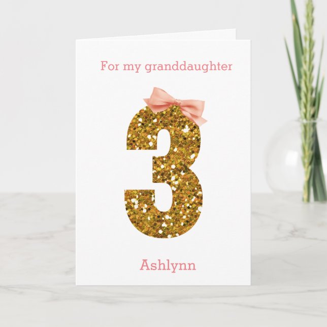 Pink Bow and Gold Glitter 3rd Birthday Card (Front)